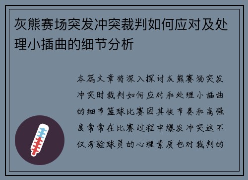 灰熊赛场突发冲突裁判如何应对及处理小插曲的细节分析