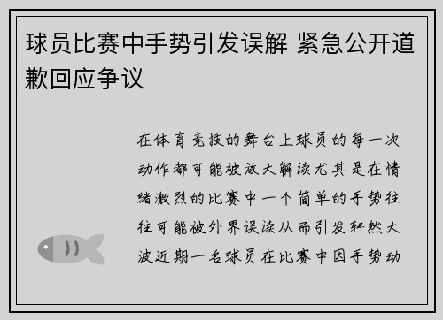 球员比赛中手势引发误解 紧急公开道歉回应争议 球员比赛中手势引发误解 紧急公开道歉回应争议