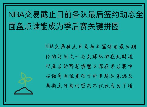 NBA交易截止日前各队最后签约动态全面盘点谁能成为季后赛关键拼图
