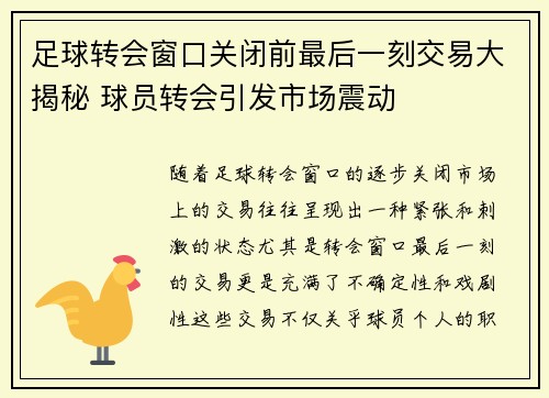 足球转会窗口关闭前最后一刻交易大揭秘 球员转会引发市场震动